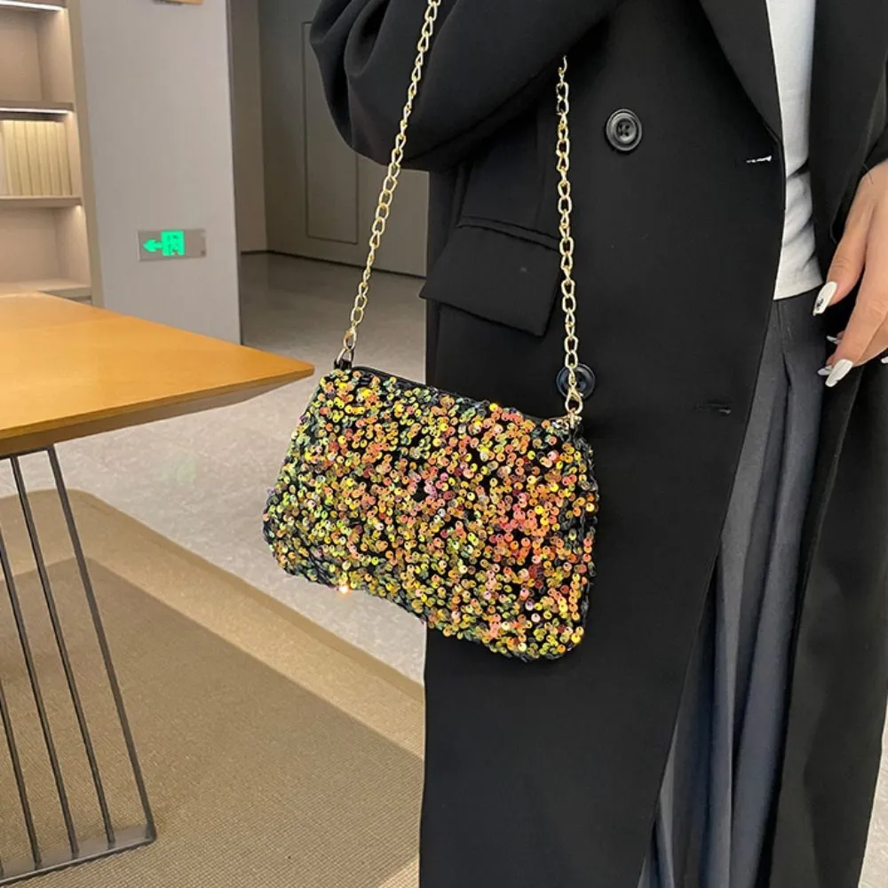 Borsa a tracolla con catena, tinta unita, stile coreano, con paillettes, per telefono, da sera, per cena e feste_voghion.com
