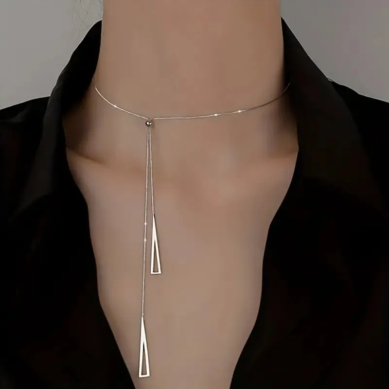 Chains Triangular Geometric Adjustable Pull Pendant Necklace Long Tassel Sweater Chain Y-Shaped Minimalist Elegant_voghion.com