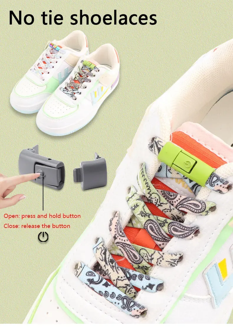Lacci elastici piatti senza lacci per scarpe da ginnastica con stampa anacardi, lacci colorati con chiusura in metallo senza lacci_voghion.com