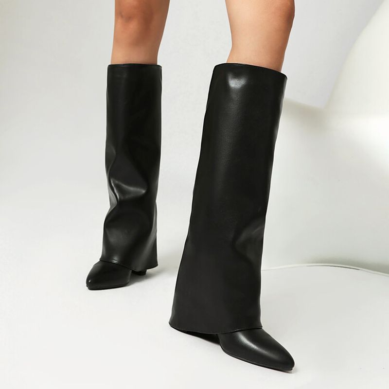 Mote kvinners bukser spisse hæler pluss størrelse slip-on high leg motestøvler_voghion.com