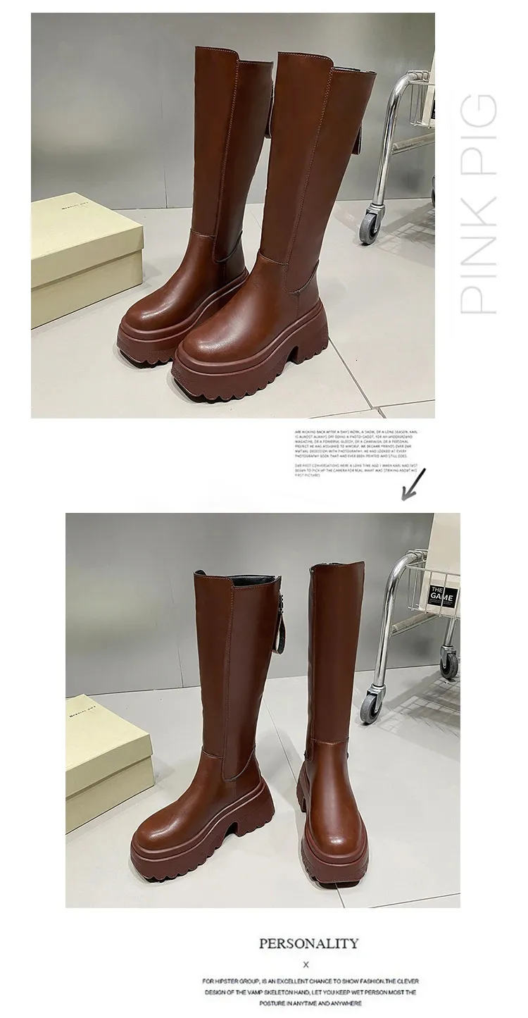 Knee High Platform Boots Women Retro Punk Style Leather Booties_voghion.com
