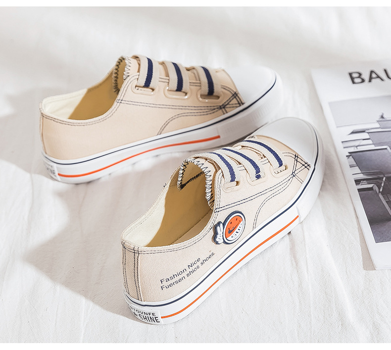 Elastic Band Smiling Face Canvas for Women Summer and Autumn Students Versatile Little White 2024 New One Step Lazy_voghion.com