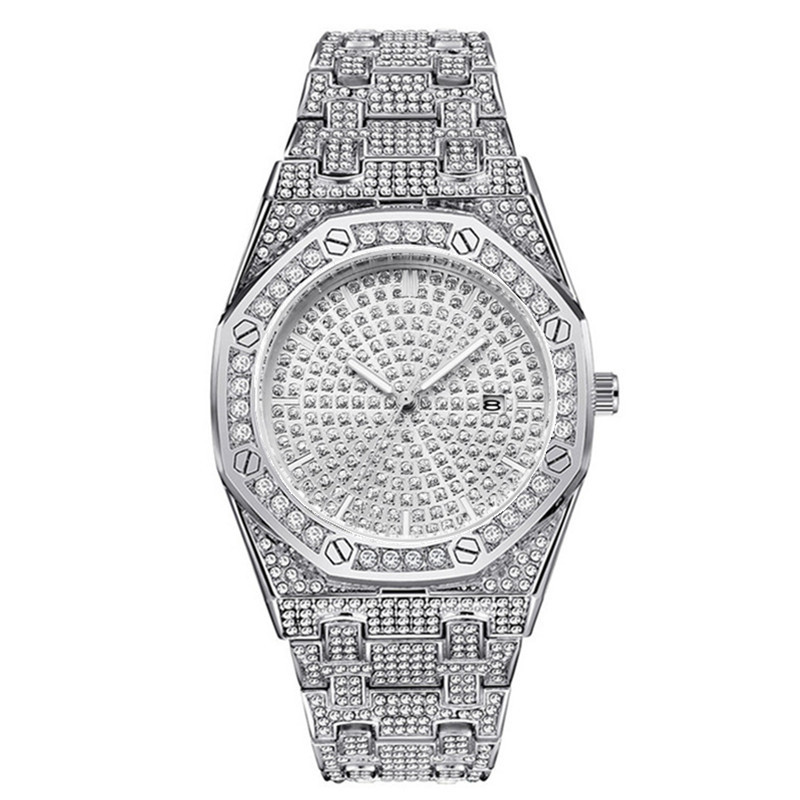 Men's Hip Hop Luxury Diamond Accent Gold-Tone Quartz Watch With Date Display, Alloy Case & Band, Butterfly Clasp_voghion.com