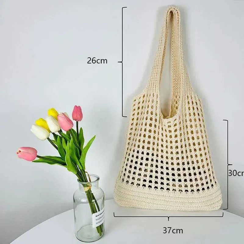 Knitted hollow shoulder lower arm bag large capacity crochet hook womens shopping casual beach handbag Y241011_voghion.com