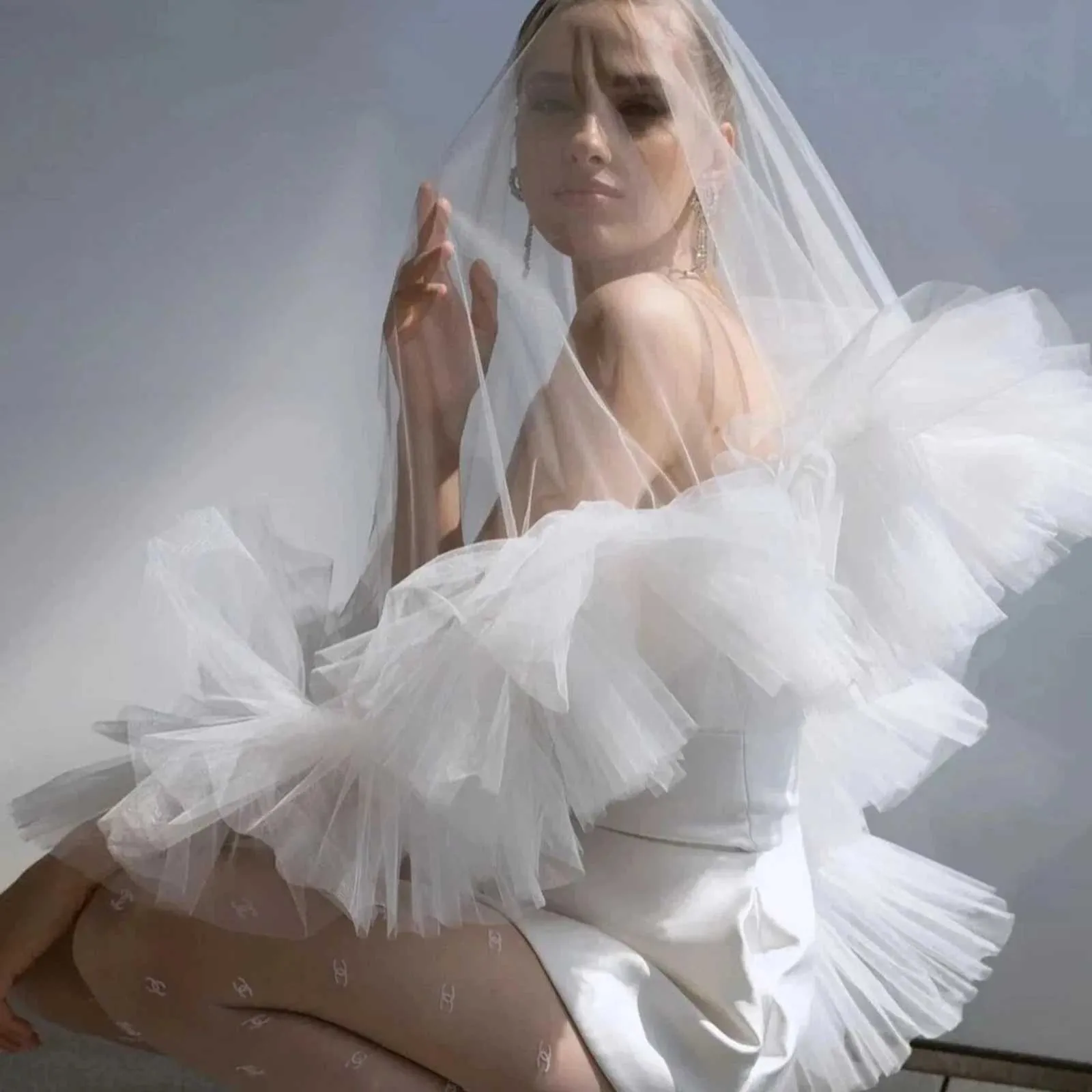 Velo da sposa corto a 2 strati con gioielli, copri viso, velo lungo fino al gomito, accessori per capelli da sposa di Halloween._voghion.com