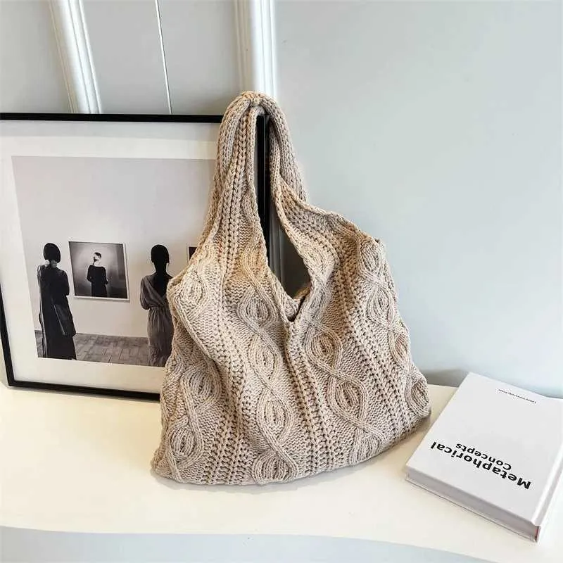 Vintage Strick Schultertasche Für Damen, Große Handtasche Casual_voghion.com