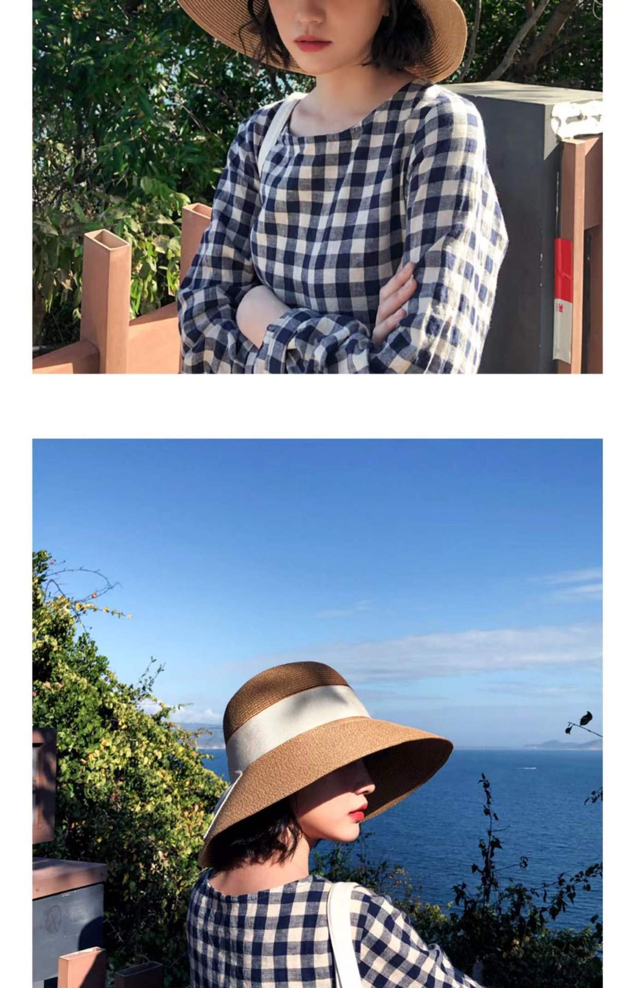 Celebrità di Internet Instagram da donna in paglia, spiaggia pieghevole per l'estate, cappello da sole da pescatore con fiocco per ombreggiatura del viso, cappello da bacino_voghion.com