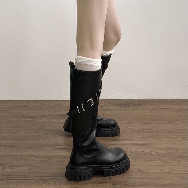 Freizeit Britische schwarze knielange Schlankheitsstiefel mit dicken Sohlen lang für Damen 2024 Neue Herbst- und Winterstiefel mit dickem Schaft_voghion.com