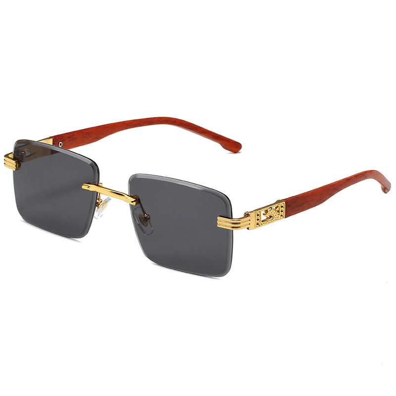 Men's Sunglasses Wood Grain Small Frame Sunglasses Personalized Leopard Head Decorated Frameless Glasses Fashionable Men And Women Sunglasses_voghion.com