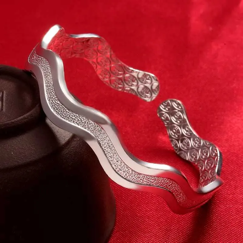 Sterling Silver Wave Bangle Bracelet For Women Adjustable Jewellery_voghion.com
