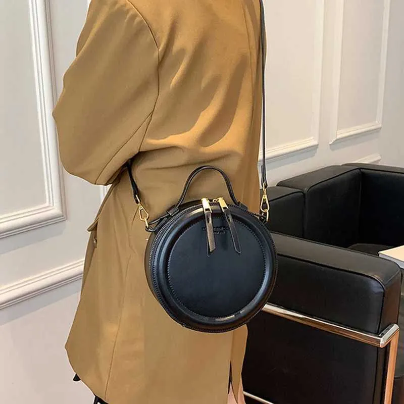 Einfarbig PU Leder Schulter Umhängetasche Für Frauen Runde Kleine Handtasche Mode Designer Taschen Weibliche Zipper_voghion.com