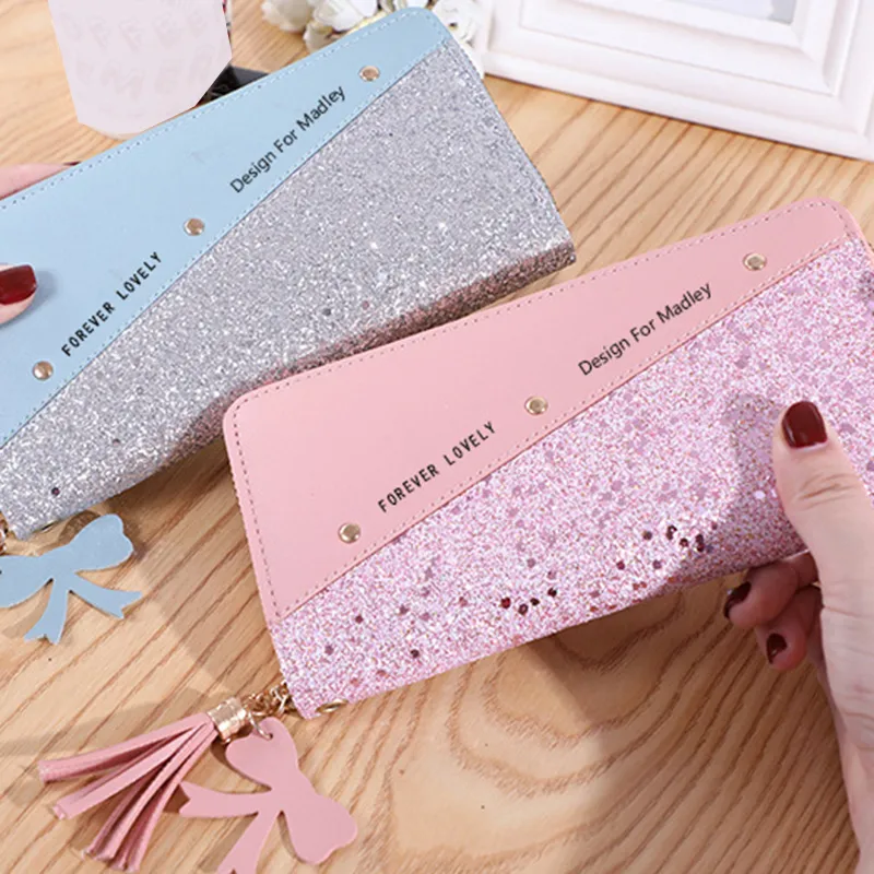 Carteira feminina longa com zíper e glitter brilhante - emenda coreana, contraste de cores, borlas e detalhes de rebites_voghion.com