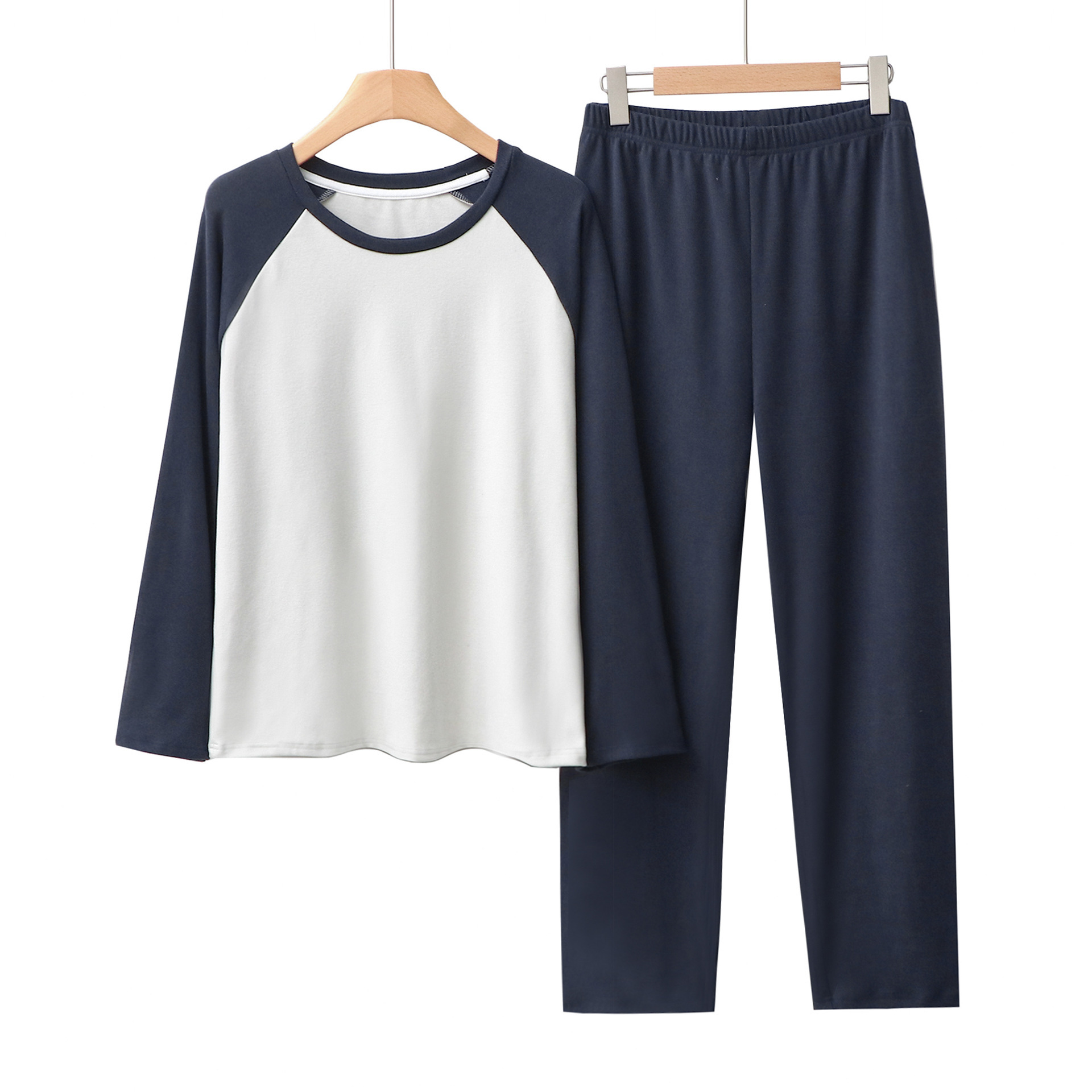 Men's pajamas shoulder in contrast color round neck pullover home suit set soft and comfortable_voghion.com