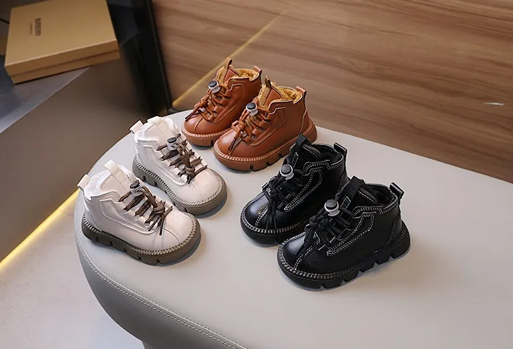 Botas cortas impermeables de cuero Happysteps para niños, zapatos de algodón cálidos y gruesos de felpa para la nieve, de invierno, a la moda, de cuero para niños pequeños_voghion.com