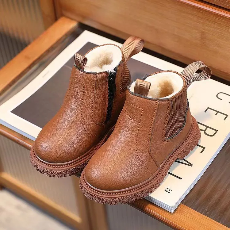 Bottes de neige imperméables en cuir PU pour enfants, épaisses et chaudes, avec fermeture éclair latérale, Happysteps, pour garçons et filles, antidérapantes, en peluche et coton_voghion.com