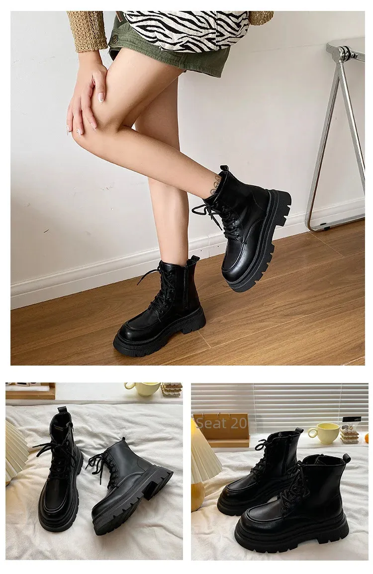Stivaletti bassi britannici Martin da donna con fondo spesso snellenti 2023 Nuovo stile a metà polpaccio da motociclista singolo 240628_voghion.com