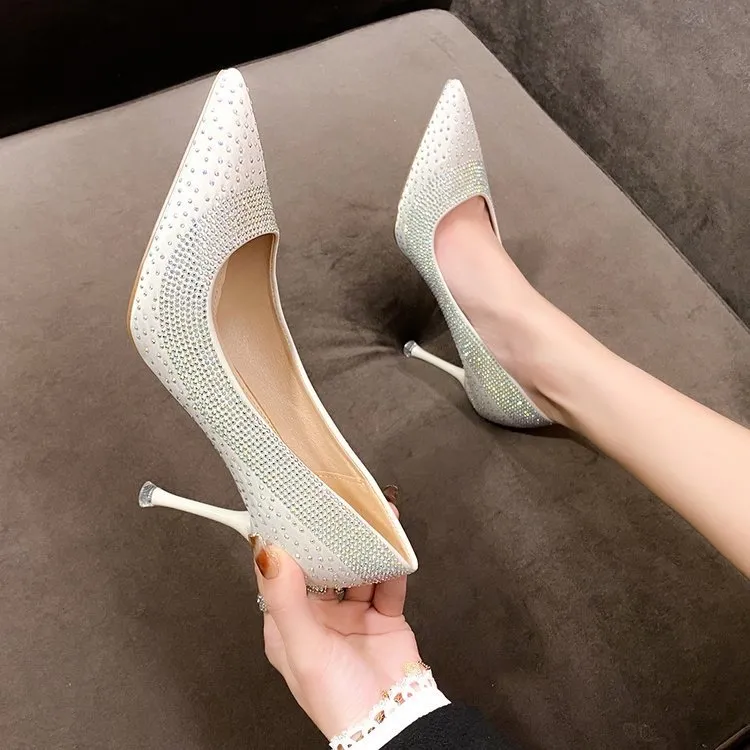 Korean Version High Slim Heels Shallow Toe Pointed Rhie Single Shoes_voghion.com