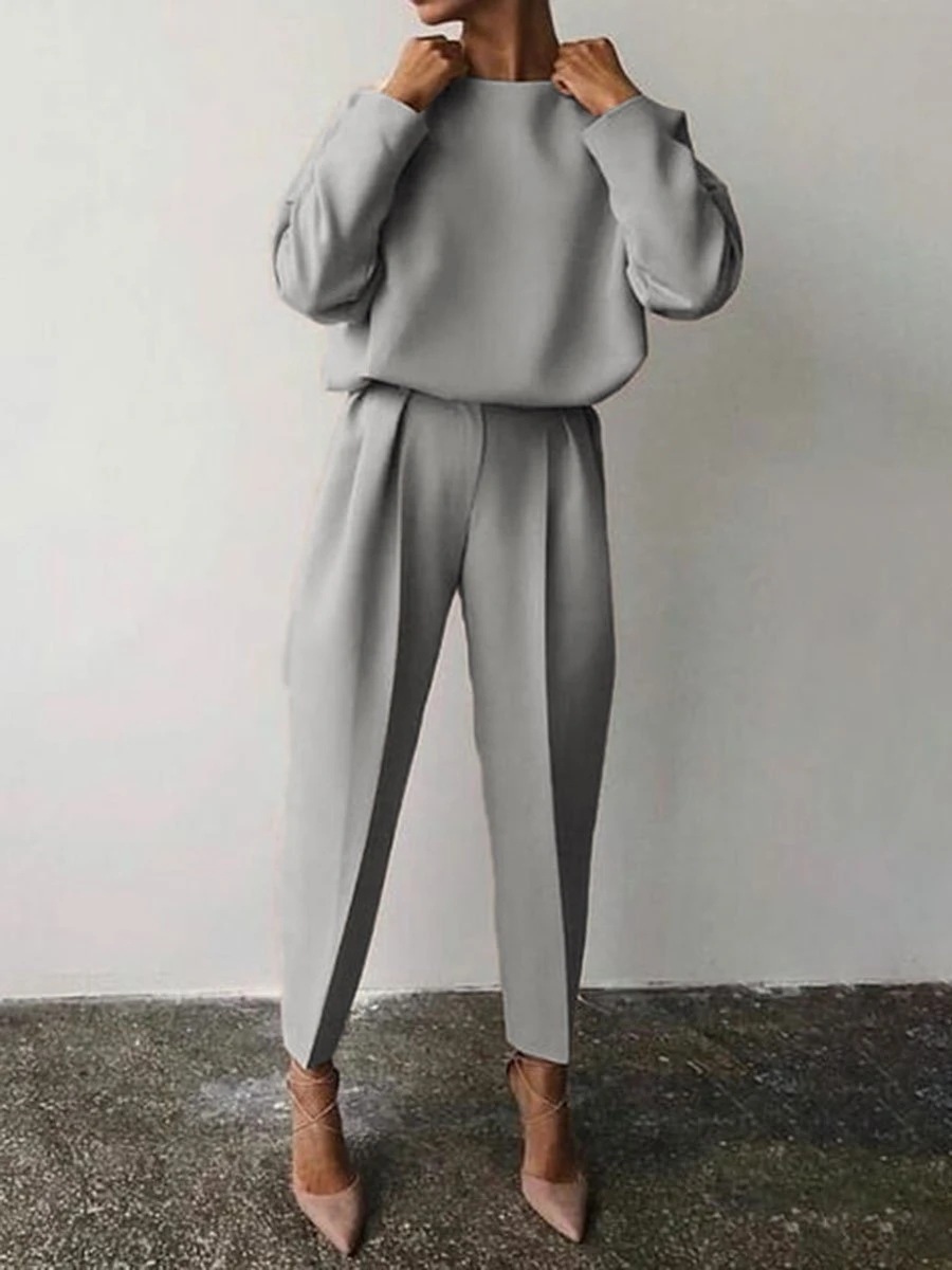 Women's Clothing Loose Solid Color Long-Sleeved Casual Two-Piece Set