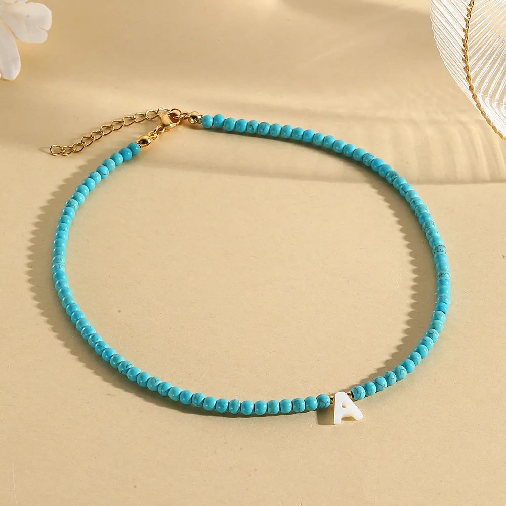 Collane con ciondolo Nome minimalista Iniziale Collana con perline blu da donna con 26 lettere dell'alfabeto Moda Compleanno Coppia_voghion.com