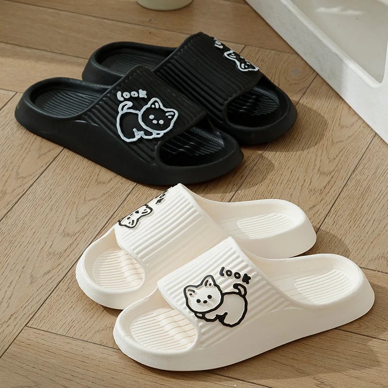 Zapatillas de baño de plataforma gruesa antideslizantes para mujer, chanclas de dibujos animados de gato casero, sandalias de playa para interior, 2023