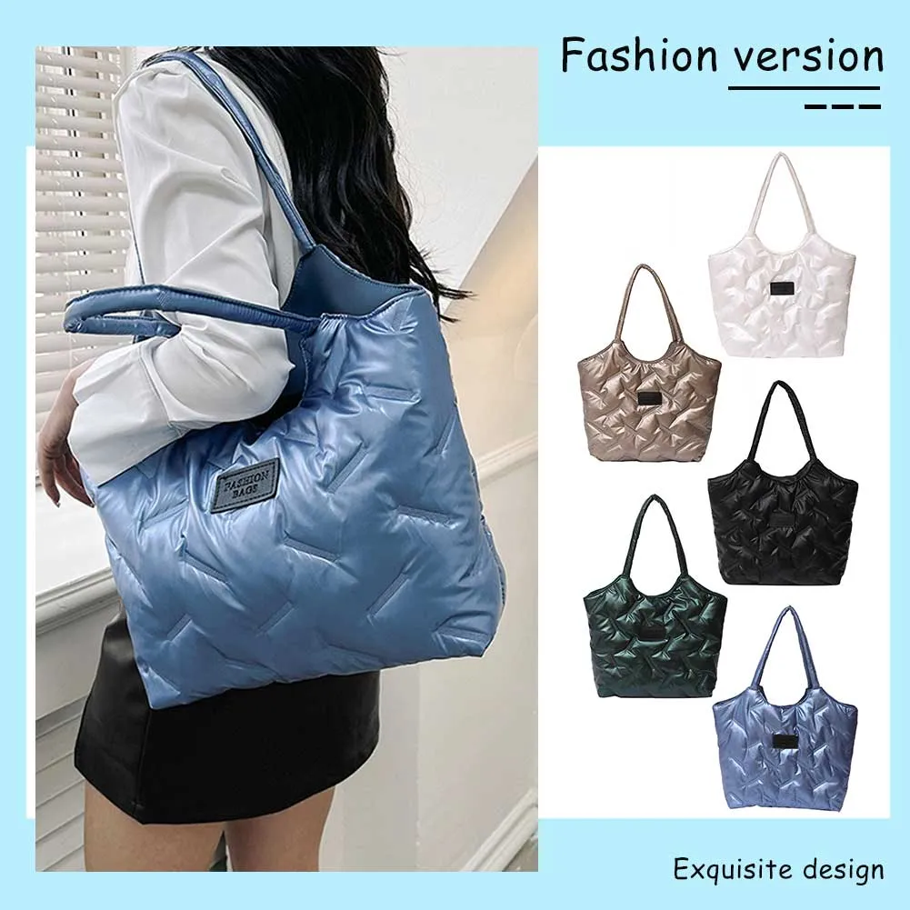 Borsa a mano imbottita in cotone da donna, trapuntata, grande capacità, invernale, casual, morbida e soffice._voghion.com