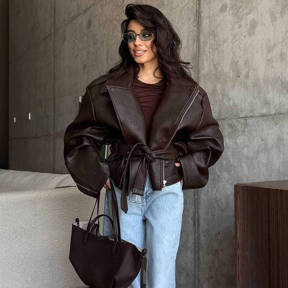 Women's Clothing Short Belted Faux Leather Jacket - Elegant Lapel Cropped Coat For Spring & Fall (, S M L)