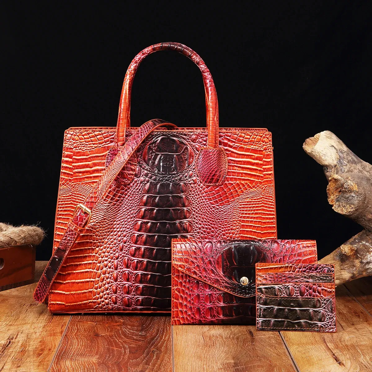 3-teiliges Muster-Handtaschen-Geldbörsen-Set, multifunktionaler Vintage-Umhängetaschen-Business-Clutch-Tasche mit Kartenhalter, Coi 240924_voghion.com