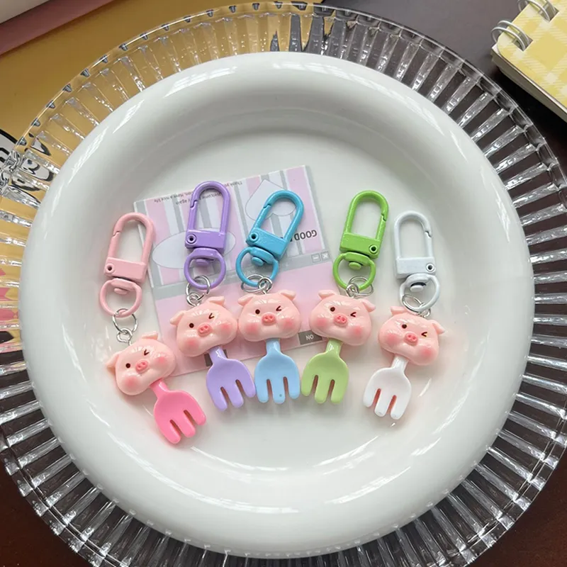 Kawaii Cartoon Piggy Fork Keychain Cute Animal Keyring Lovely Resin Key Holder School Pendant Bag Backpack Ornament_voghion.com
