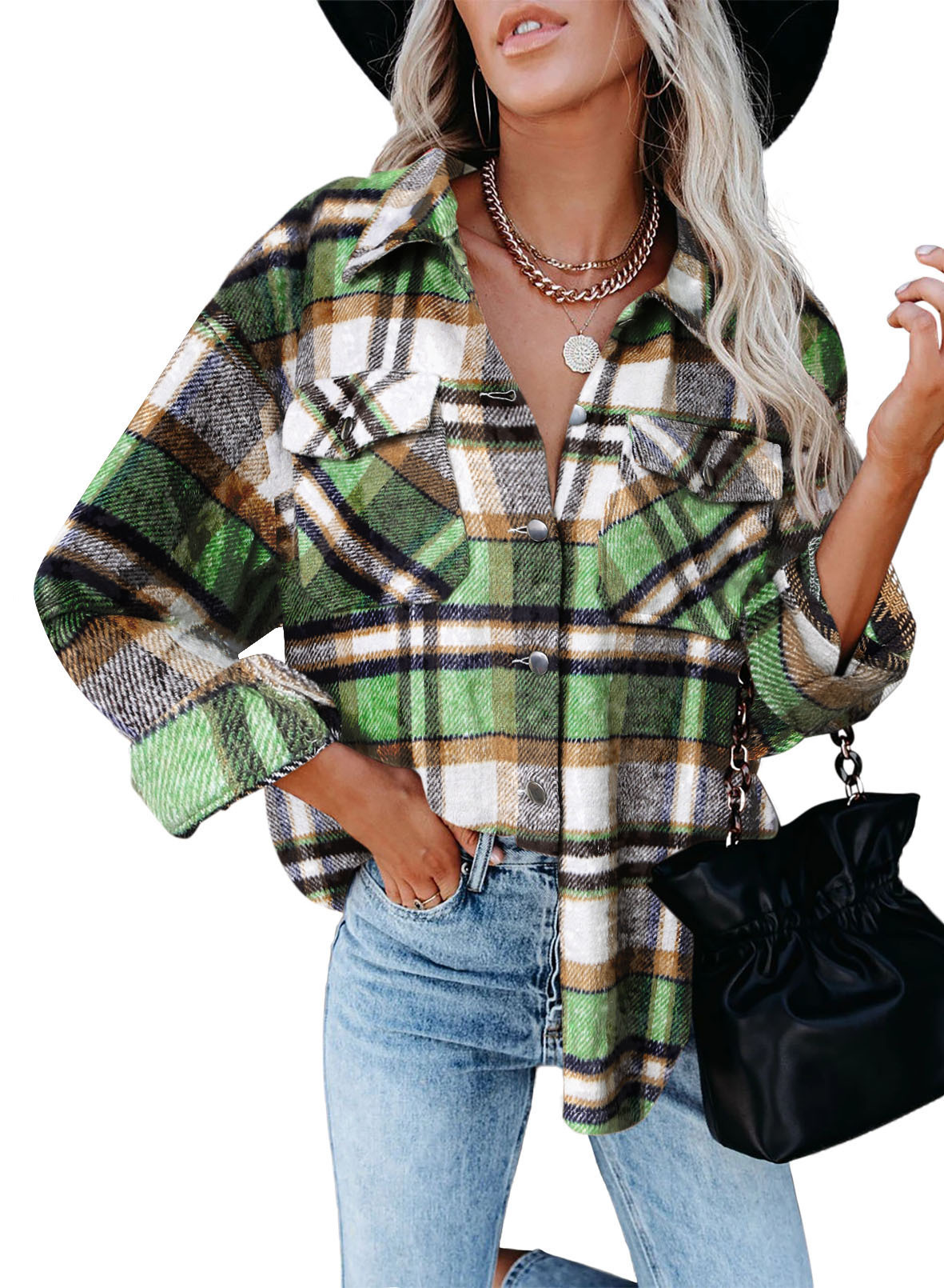 Karierte Damenhemden, Damen-Freizeithemden aus Wolle mit Taschen, Damen_voghion.com