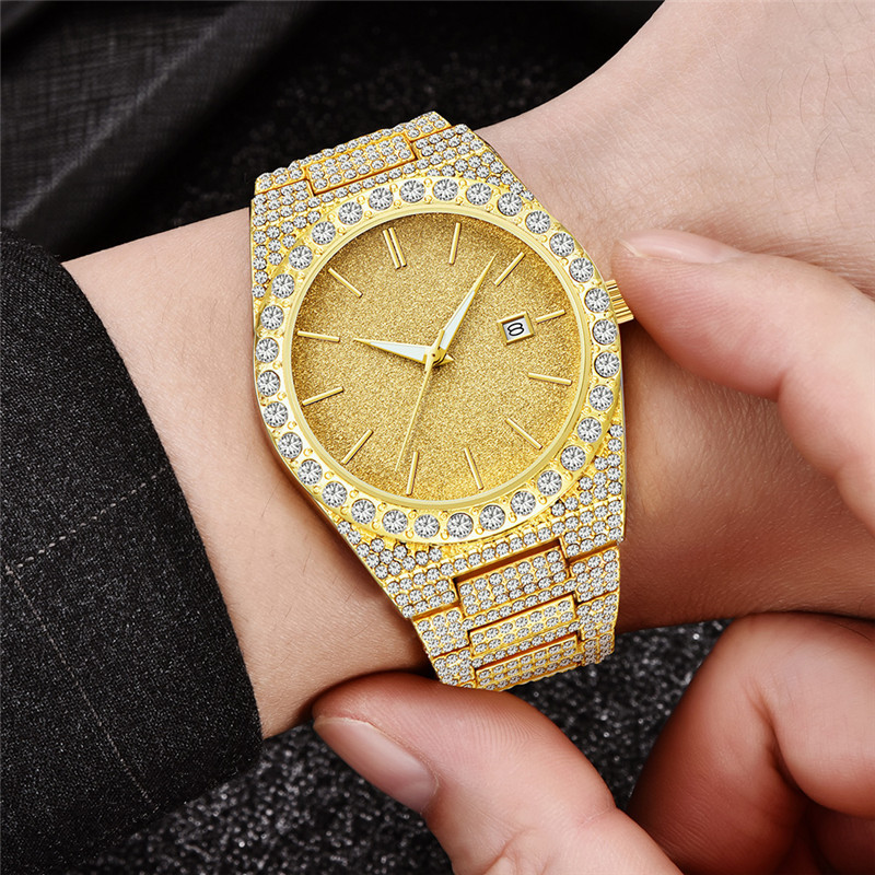 Orologio da uomo al quarzo con calendario in oro e argento con diamanti e datario - Cassa e cinturino in lega - Diverse opzioni di colore_voghion.com