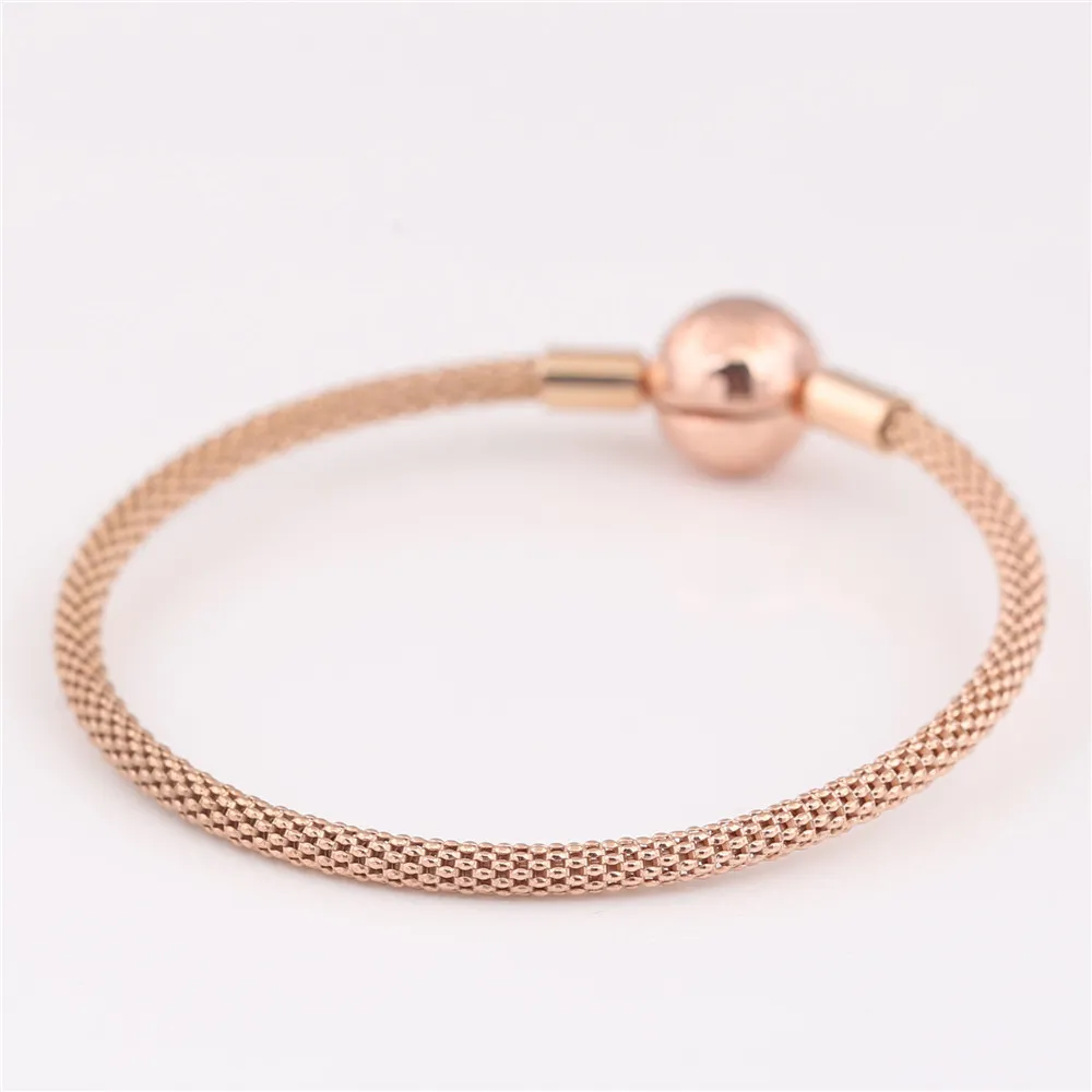 Bracciale originale Sterling Sier in oro rosa con catena a serpente, chiusura a sfera di base, bracciale a maglie, adatto per donne, gioielli di moda con ciondolo a perline_voghion.com