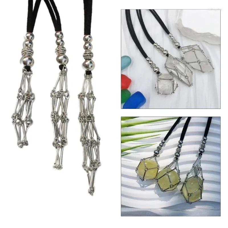 Catene Maglia Pendente Collana Regolabile Pelle Corda Cristallo Vuoto Pietra Porta Gabbia di Metallo_voghion.com