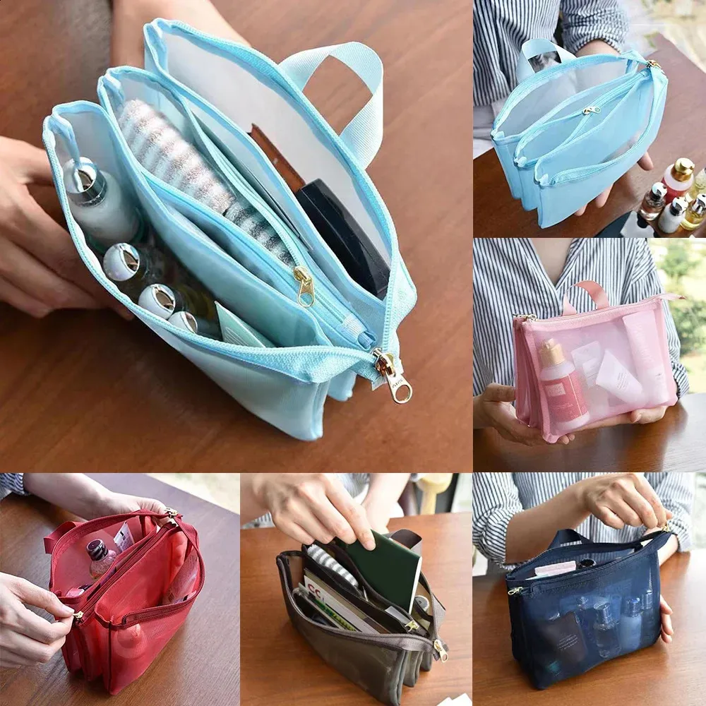 Trousse de toilette portable de voyage en maille avec compartiment, sac fourre-tout pour soins de la peau, trousse de rangement pour produits de toilette 240827_voghion.com