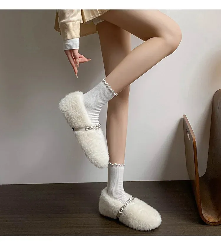 Fashion Leopard Fur Ballet Apartment Water Dia Buckle With Mary Jane Shoes Womens Winter Warm Plush Shallow Load 241122_voghion.com
