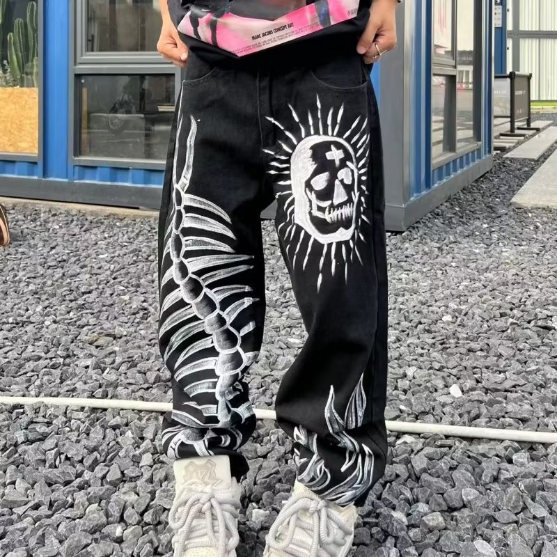 Vêtements pour hommes High Street Fog Jeans brodés imprimés personnalisés Hip Hop Pantalon ample évasé noir tendance