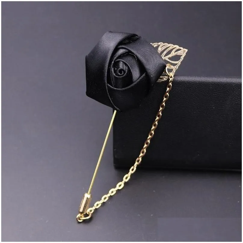 Pins, Men Rose Flower Golden Leaf Fashion Brooch Pin Suit Lapel New Mens Wedding Boutonniere Brooches Jewelry Drop_voghion.com