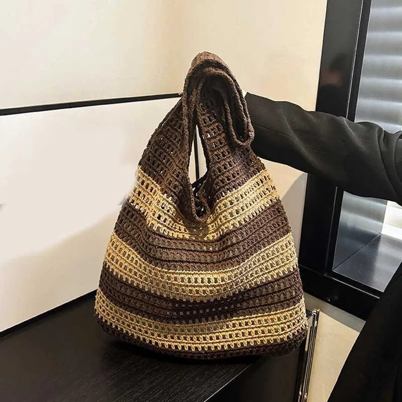 Fashion Shoulder Bag Contrast Hollow Knitted Belt Womens Handbag Y241011_voghion.com