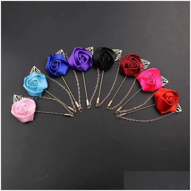 Pins, Men Rose Flower Golden Leaf Fashion Brooch Pin Suit Lapel New Mens Wedding Boutonniere Brooches Jewelry Drop_voghion.com