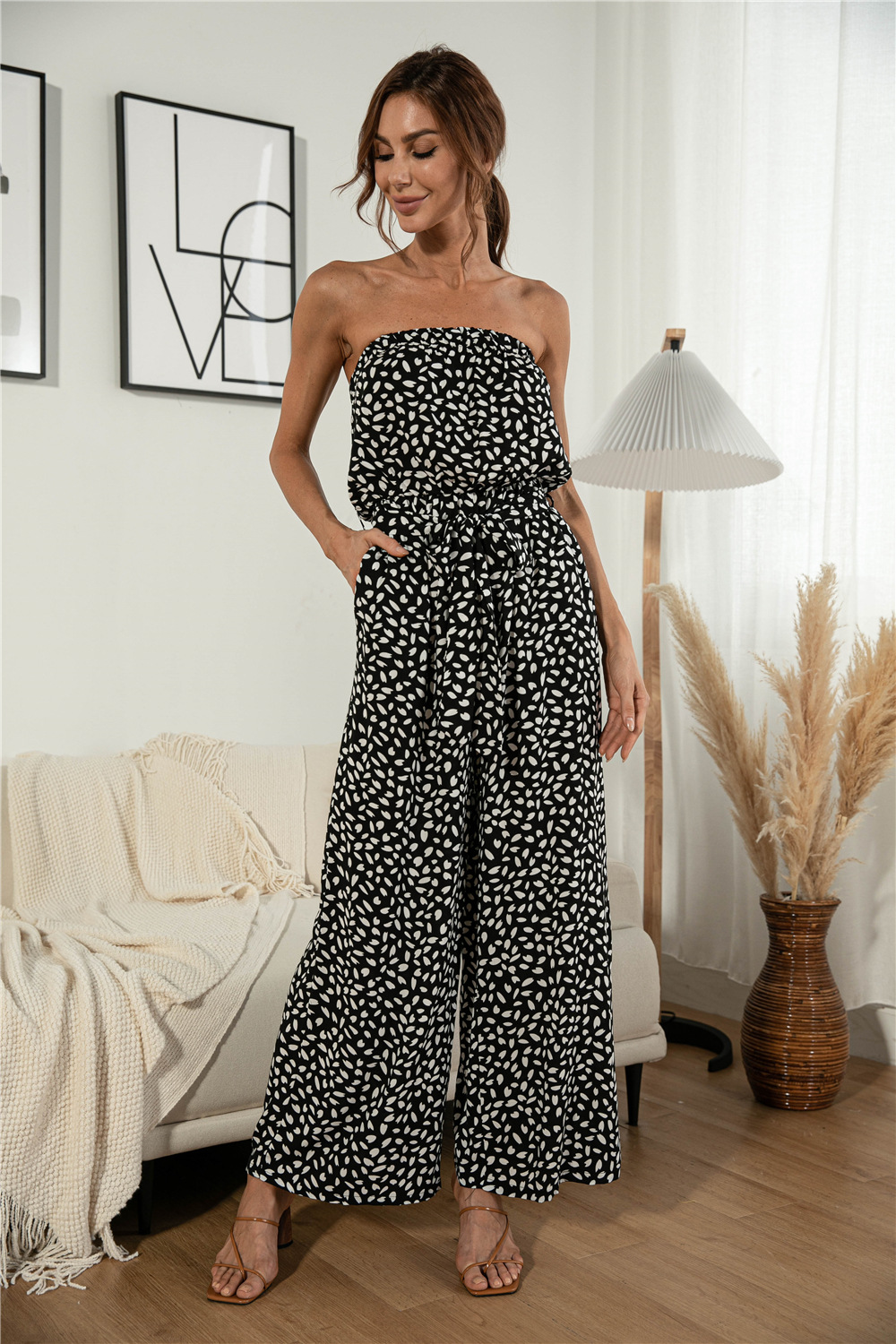 Nuevos productos de verano para mujer, nuevo mono de pierna ancha con cordones y estampado de lunares en forma de corazón y top de tubo sexy_voghion.com