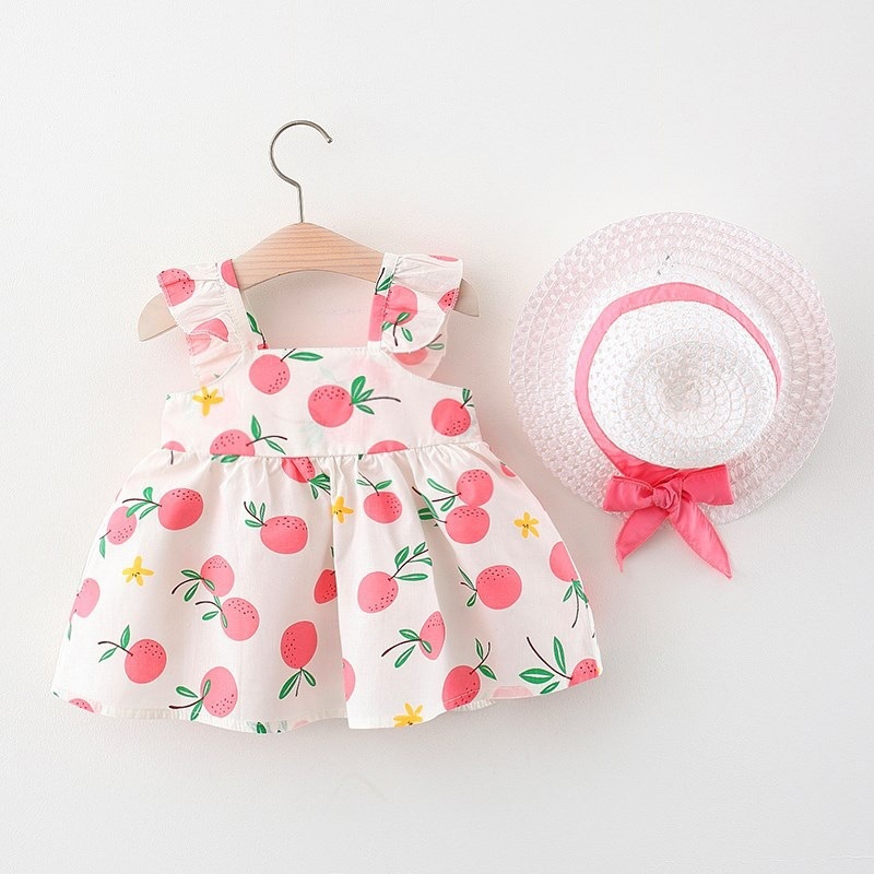 Baby Girl Dress Flower Printed Cotton Dress Fashion Bow Kids Summer Vacation Clothes Send Hat_voghion.com