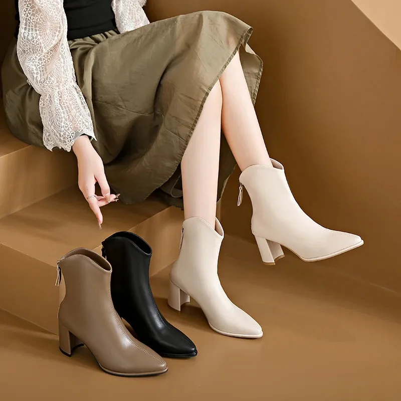 Scarpe invernali da donna con punta a punta, con cerniera, con tacco alto, stivali moderni, per l'esterno, tutti i giorni, in tinta unita, con tubo corto_voghion.com