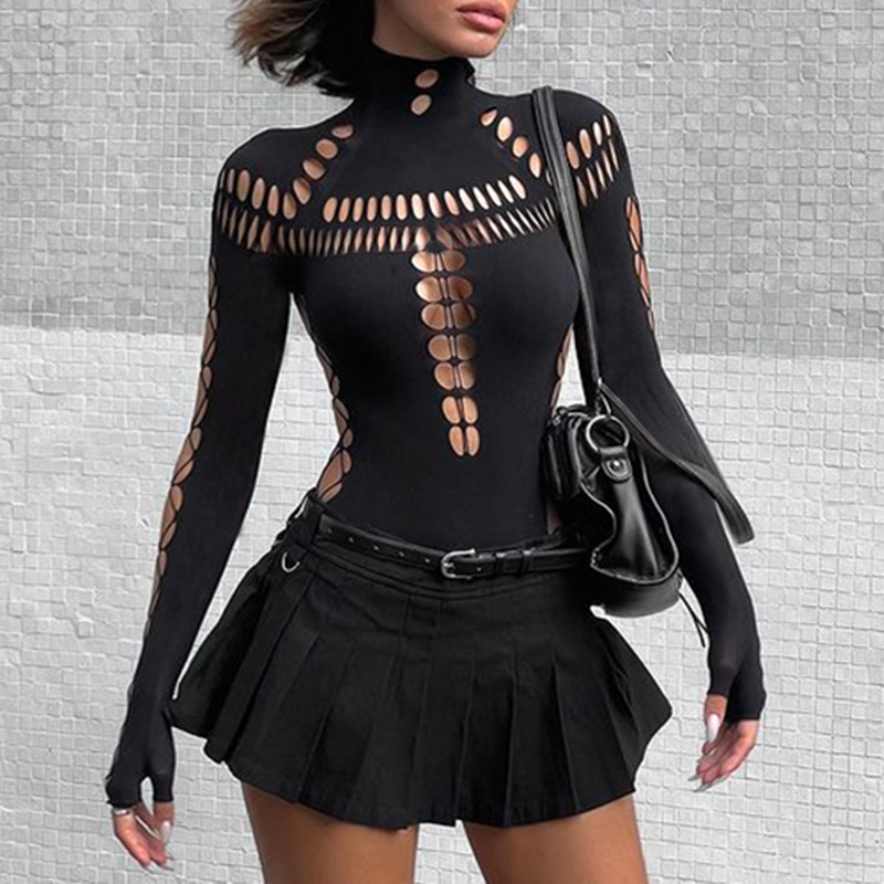 new hot girl hollow hole spider web high collar slim jumpsuit female_voghion.com