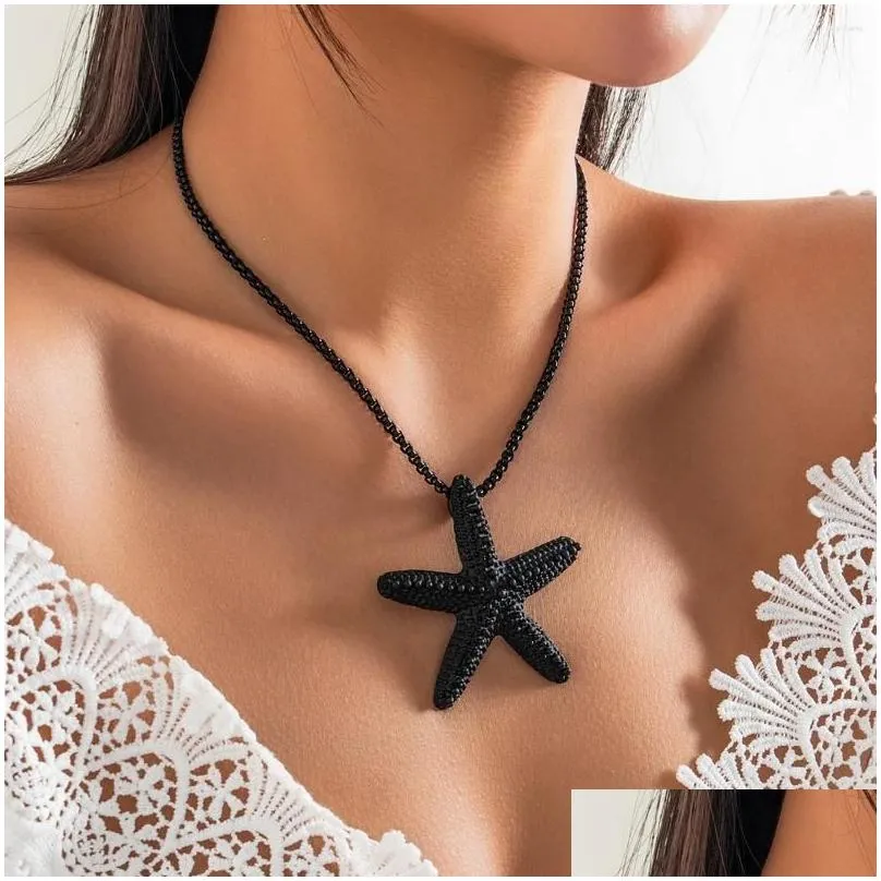 Pendant Necklaces Punk Boho Colorf Iron Chain Big Starfish Star Choker Necklace Women Creative Box Link Y2K Vacation_voghion.com