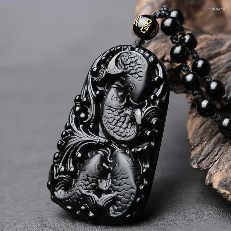 Obsidian Carp Pendant Necklace Natural Matte Stone Jewelry_voghion.com