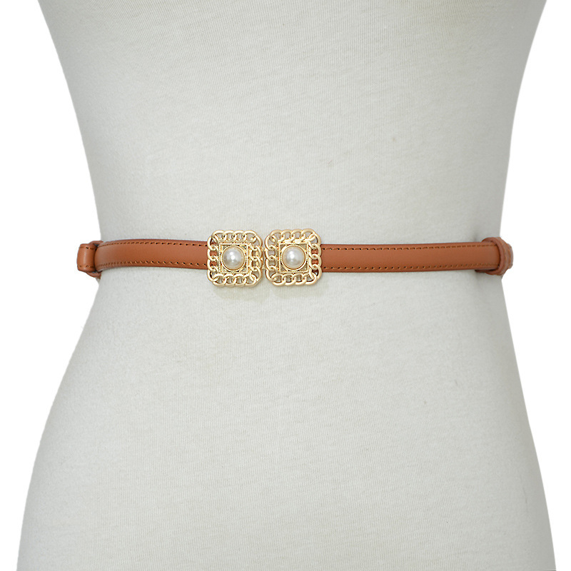 Cinturón elegante de piel para mujer con hebilla de perla_voghion.com
