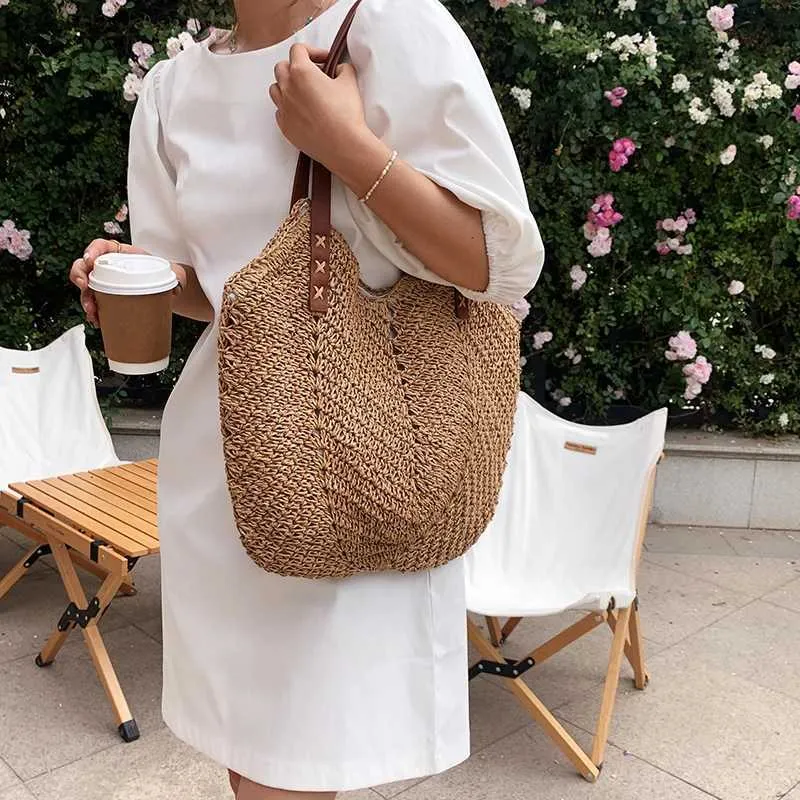 Summer grass woven shoulder bag Latan Beach large capacity handmade vacation travel shopping handbag Y241011_voghion.com