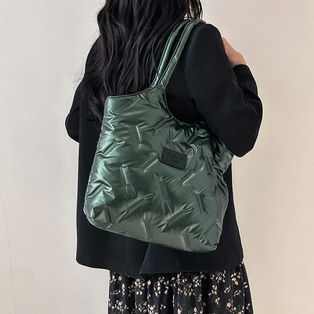 Borsa a mano imbottita in cotone da donna, trapuntata, grande capacità, invernale, casual, morbida e soffice._voghion.com