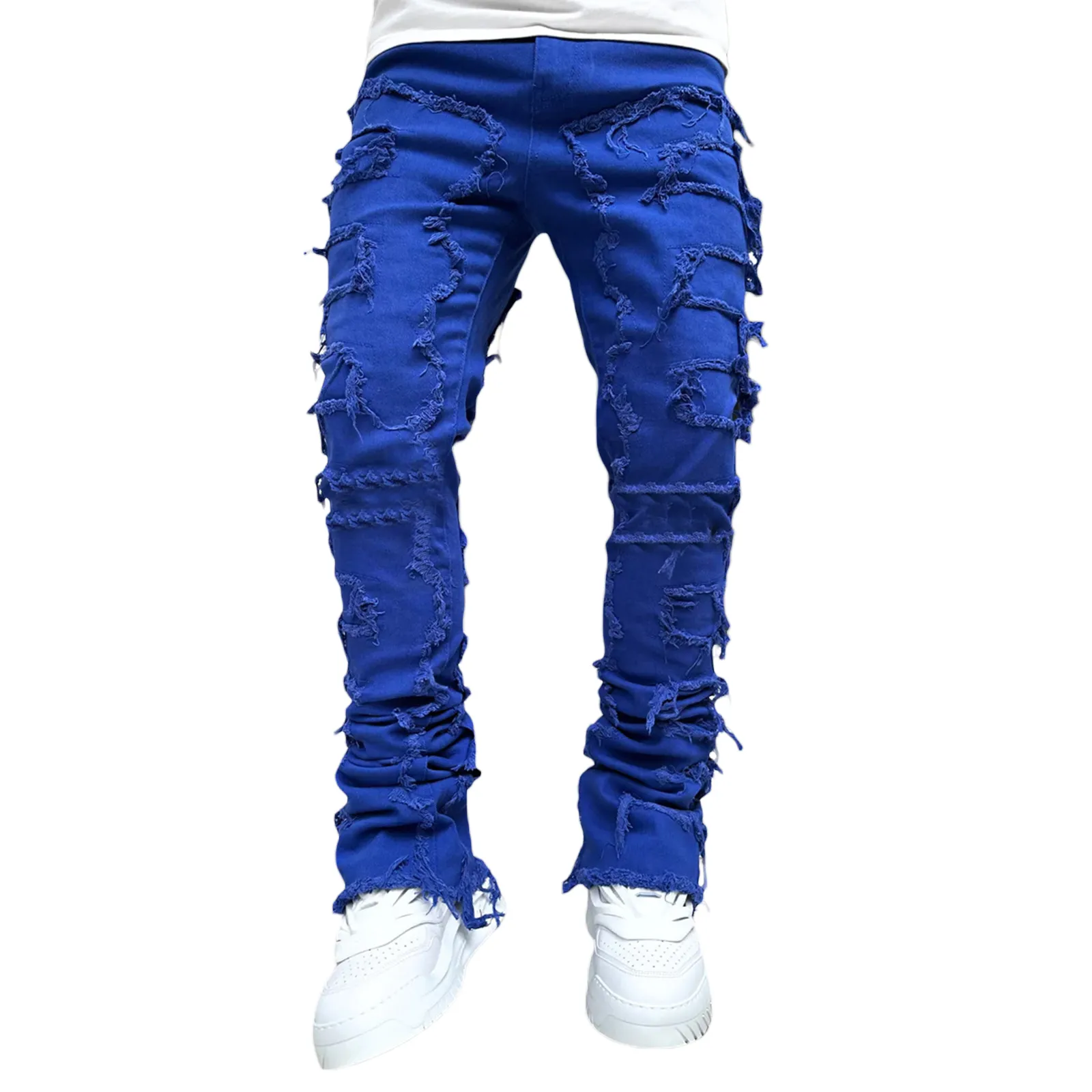 Men's Jeans Regular Fit Stacked Patch Distressed Destroyed Straight Denim Pants Streetwear Clothes Casual Jean_mkmklike.com