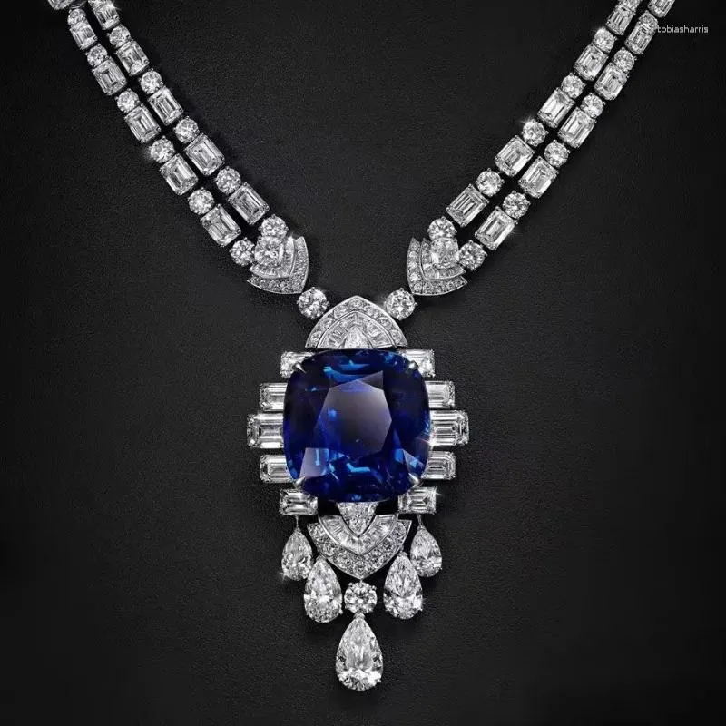 Collier en argent sterling avec pendentif en forme de diamant et saphir de laboratoire vintage pour femme, bijou de fiançailles, de mariage_voghion.com