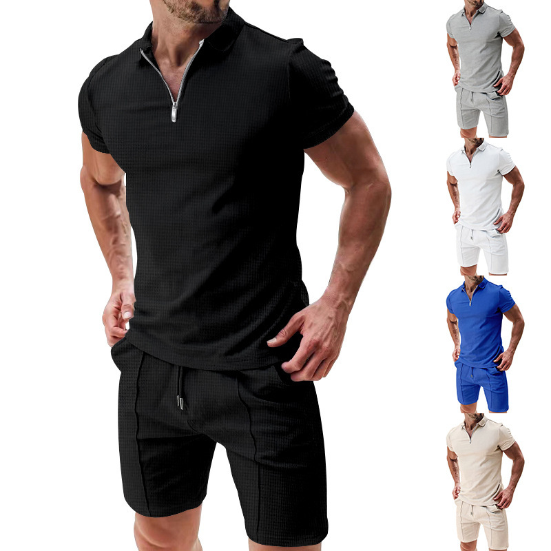 Herren Kurzarm-Shorts, lässiges Sommer-T-Shirt-Set mit Waffelmuster und einfarbiger, lockerer Passform und Umlegekragen_voghion.com